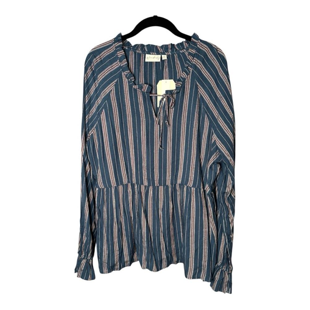 Wonderly Blue Red Striped Long Sleeve Tasseled Tunic XL